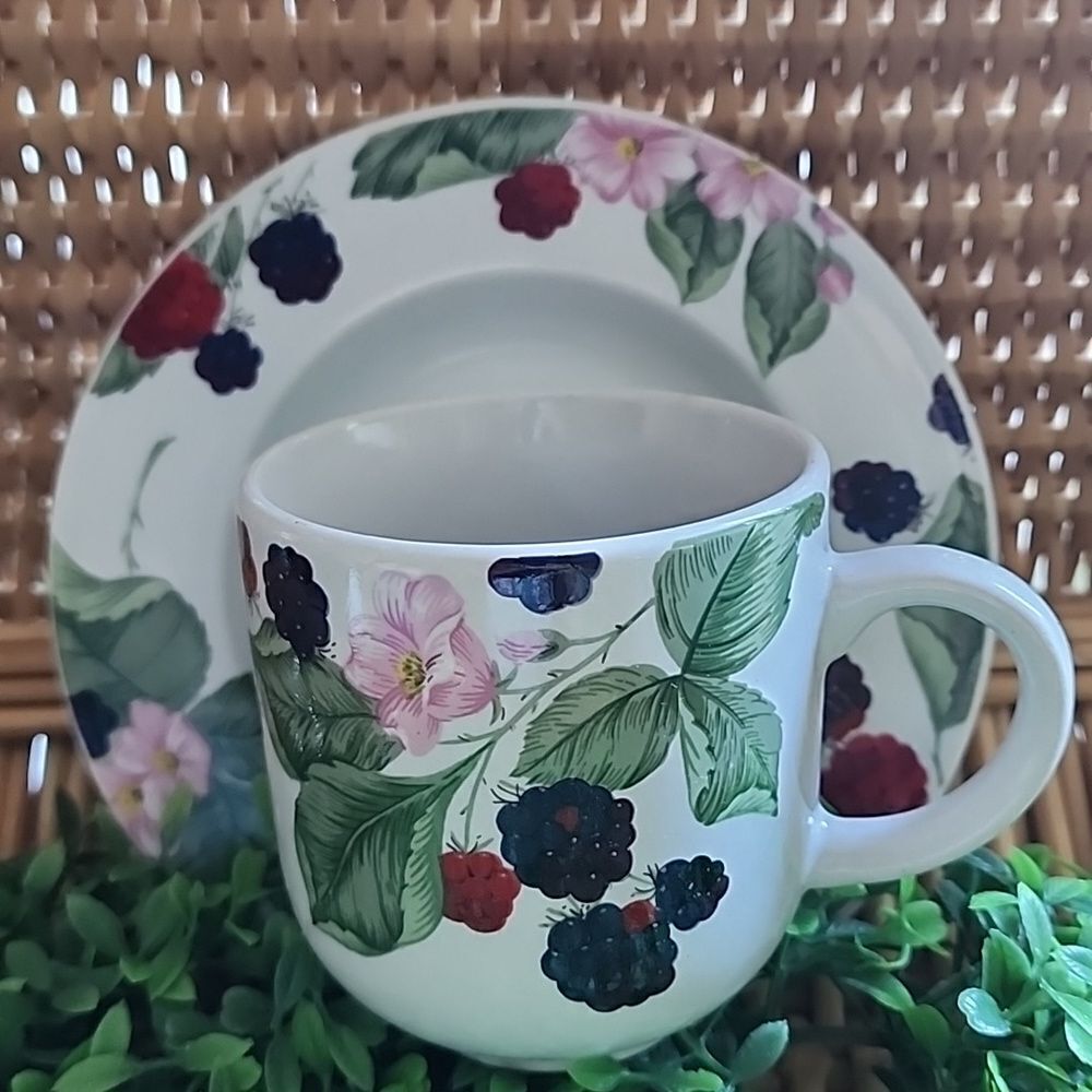 Vintage Stoneware Berries Teacup & Saucer Cottage Core Farmhouse Chic